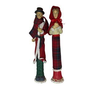 Vintage Christmas Caroler Figurines Set Of 2 Tall 21in Red & Green Plaid Details